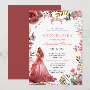 Quinceañera Blush Pink Rose Floral Butterfly Tiara Einladung