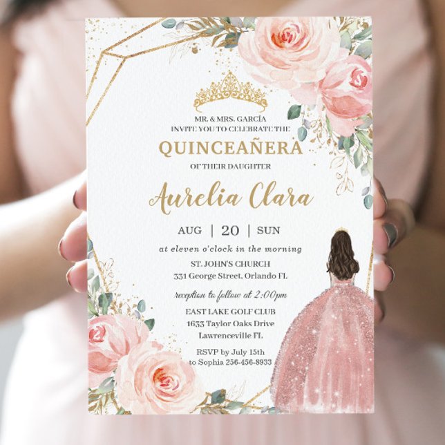 Quinceañera Blush Pink Rose Floral Mis Quince Anos Einladung (Von Creator hochgeladen)