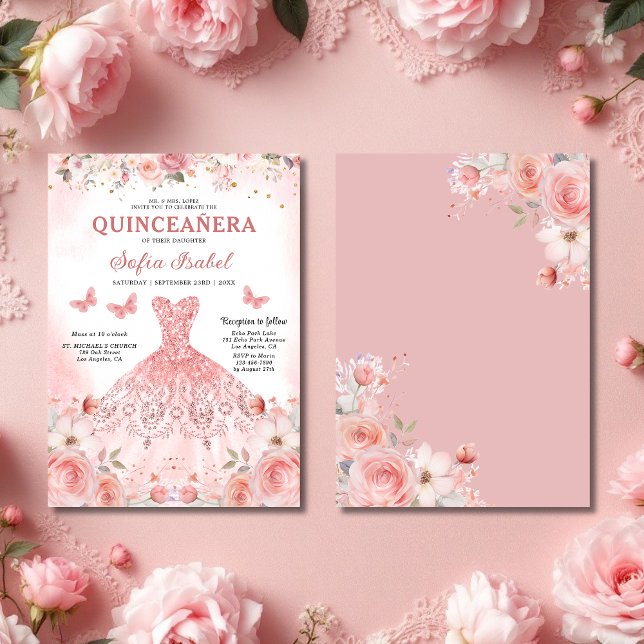 Quinceañera Blush Pink Rose Floral Vielen Dank Dankeskarte (Von Creator hochgeladen)