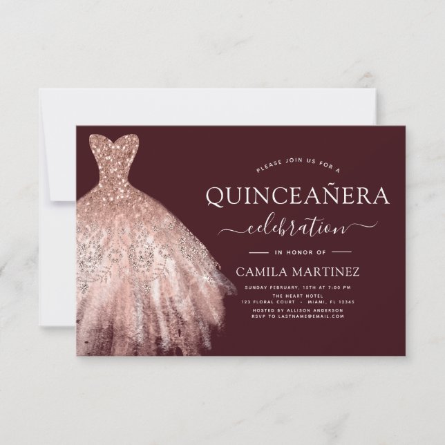 Quinceanera Blush Pink - Rose Gold Burgund Einladung (Vorderseite)