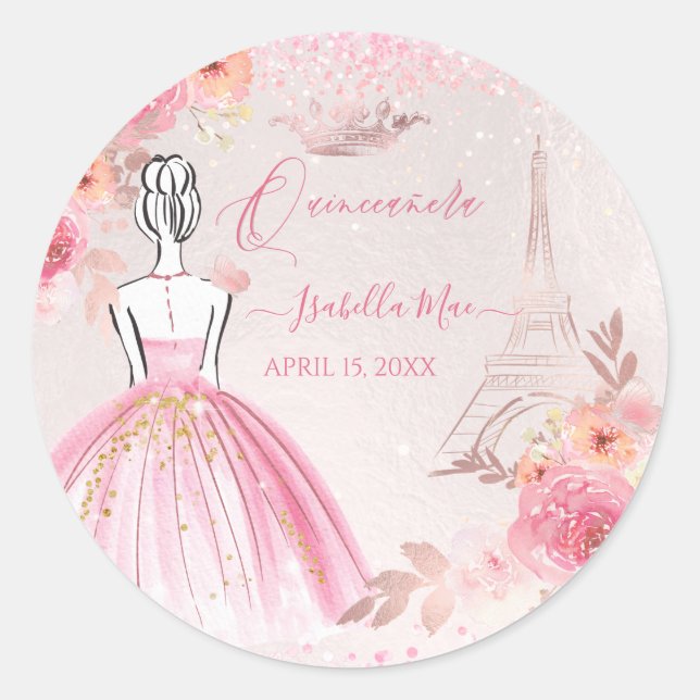 Quinceanera Blush Pink Rose Gold Eiffel Tower Runder Aufkleber (Vorderseite)