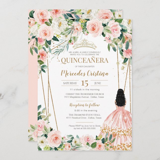 Quinceanera Blush Pink Rose Gold, Girl in Gown Einladung (Vorne/Hinten)
