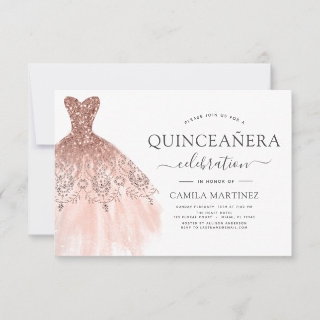 Quinceanera Blush Pink - Rose Gold Glitzer Sparkon Einladung (Vorderseite)