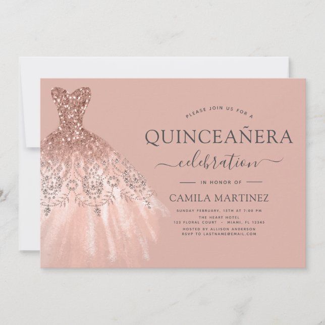 Quinceanera Blush Pink - Rose Gold Glitzer Sparkon Einladung (Vorderseite)