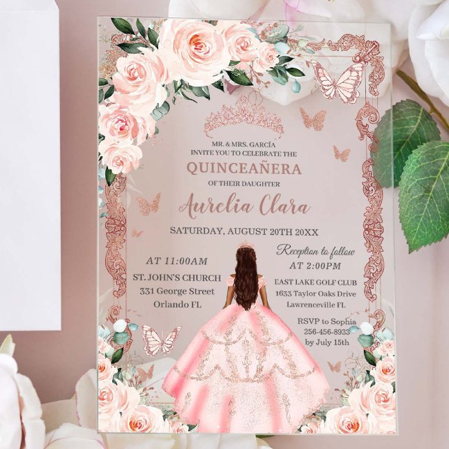 Quinceañera Blush Pink Rose Gold Prinzessin Acryleinladungen (Von Creator hochgeladen)