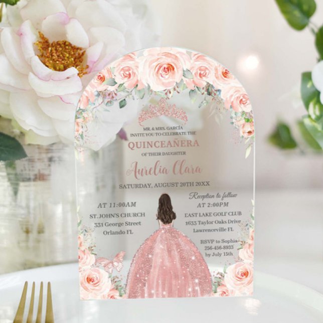 Quinceañera Blush Pink Rose Gold Prinzessin Acryleinladungen (Von Creator hochgeladen)