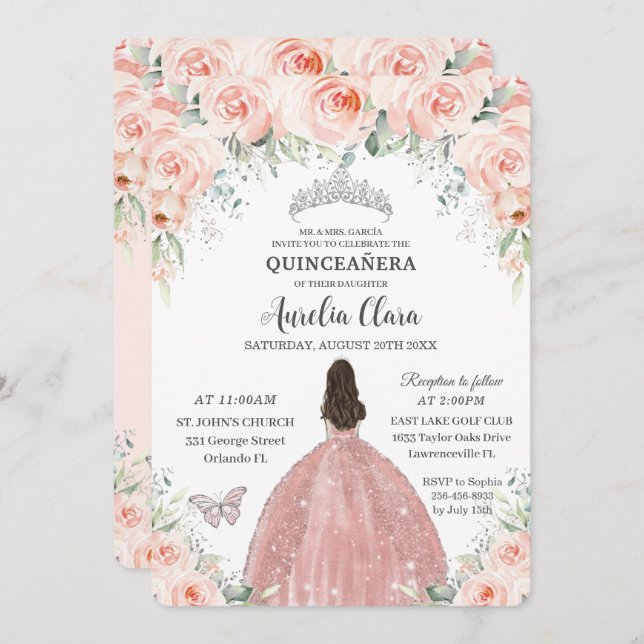 Quinceañera Blush Pink Rose Prinzessin Silver Einladung (Vorne/Hinten)