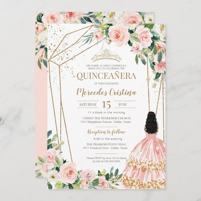 Quinceanera Blush Pink Roses and Gold, Girl Gown I Einladung (Vorne/Hinten)
