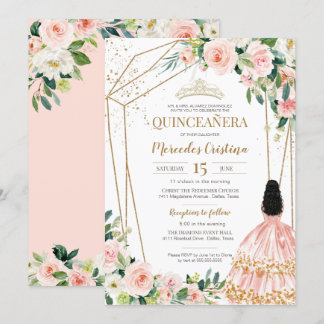 Quinceanera Blush Pink Roses and Gold, Girl Gown I Einladung
