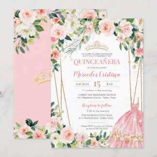 Quinceanera Blush Pink Roses und Gold Pearl Tiara Einladung