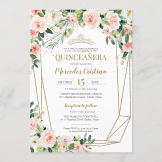 Quinceanera Blush Pink Roses und Gold Pearl Tiara Einladung