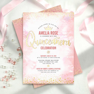Quinceañera Blush Pink Wasserfarbe Krone Real Gold Folieneinladung