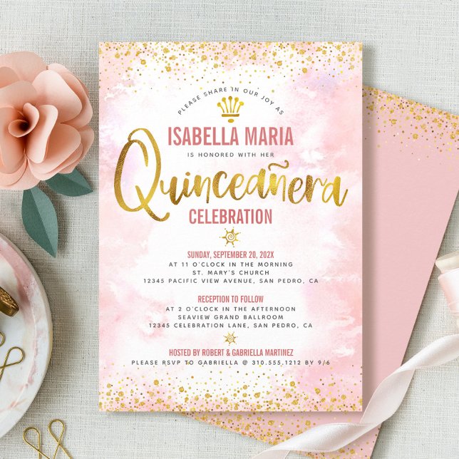 Quinceañera Blush Pink Wasserfarben Giro del Malca Einladung (Von Creator hochgeladen)