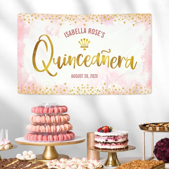 Quinceañera Blush Pink Watercolor Gold Willkommen Banner (Von Creator hochgeladen)
