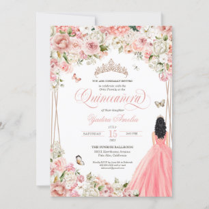 Quinceanera Blush Pink White Floral & Butterfly Einladung