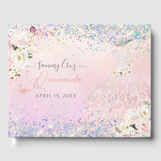 Quinceanera Blush Princess Glitzer Gown Confetti G Gästebuch (Vorderseite)