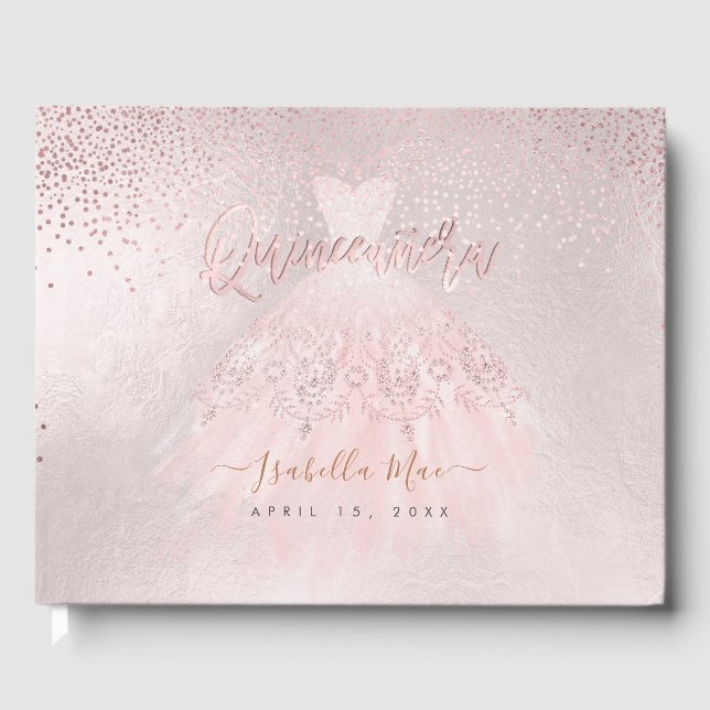 Quinceanera Blush Prinzessin Glitzer Gown+Confetti Gästebuch (Vorderseite)