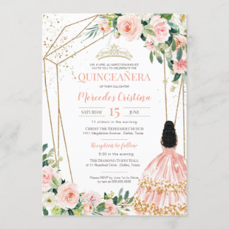 Quinceanera Blush Rosa Rosen und Gold, Girl Gown Einladung