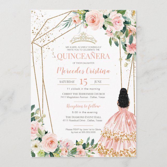 Quinceanera Blush Rosa Rosen und Gold, Girl Gown Einladung (Vorderseite)