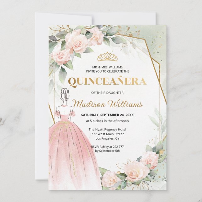 Quinceañera Blush Rose Geburtstag Einladung (Vorderseite)
