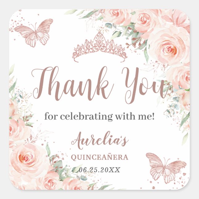 Quinceanera Blush Rose Gold Schmetterlinge Quadratischer Aufkleber (Vorderseite)
