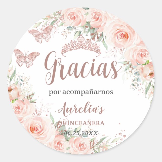 Quinceañera Blush Rose Gold Schmetterlinge Runder Aufkleber (Vorderseite)