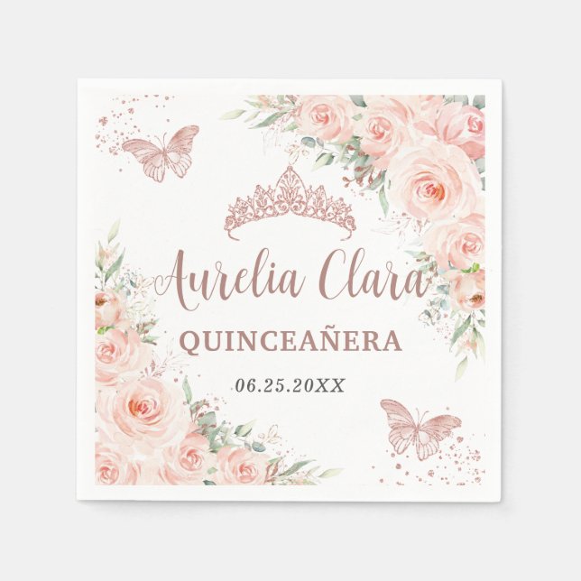 Quinceanera Blush Rose Gold Schmetterlinge Serviette (Vorderseite)