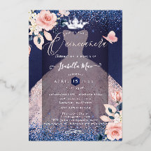 Quinceanera Blush Rose Silver Foil Crown Navy