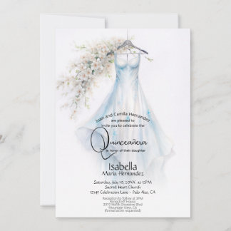 Quinceañera | Blütenblau-goldene weiße Blüten Einladung