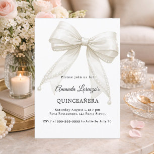 Quinceanera-Bogen elfenbeinfarben weiße Perlen ele Einladung