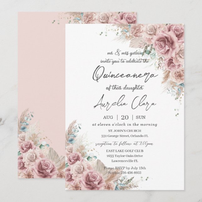 Quinceañera Boho Blush Dusty Rose Floral Pampas Einladung (Vorne/Hinten)