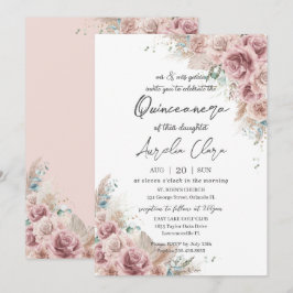 Quinceañera Boho Blush Dusty Rose Floral Pampas Einladung