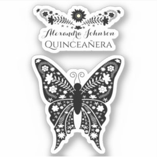 Quinceanera Boho Butterfly Schwarz und Weiß Aufkleber