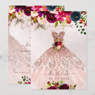 Quinceañera, Boho Floral Sparkle Rose Gold Einladung