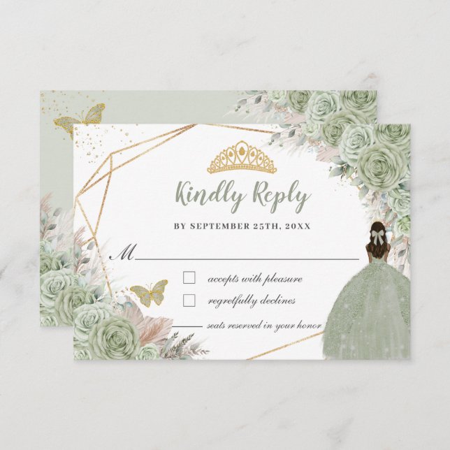 Quinceañera Boho Pampas Grass Sage Green Floral RSVP Karte (Vorne/Hinten)