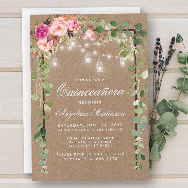 Quinceanera Botanical Green Pink Floral Wood Kraft Einladung (Customize to add more text or photos to back of card.)