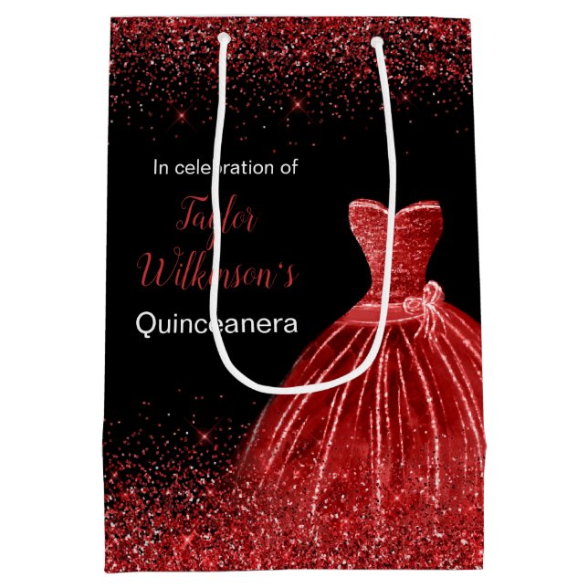 Quinceanera Bright Red Dress Imitate Glitzer Mittlere Geschenktüte (Rückseite)