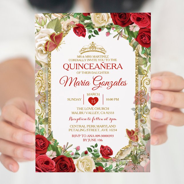Quinceañera Bright Red & Gold Crown Butterfly Einladung (Von Creator hochgeladen)