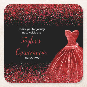 Quinceanera Bright Red Imitats Glitzer Rechteckiger Pappuntersetzer