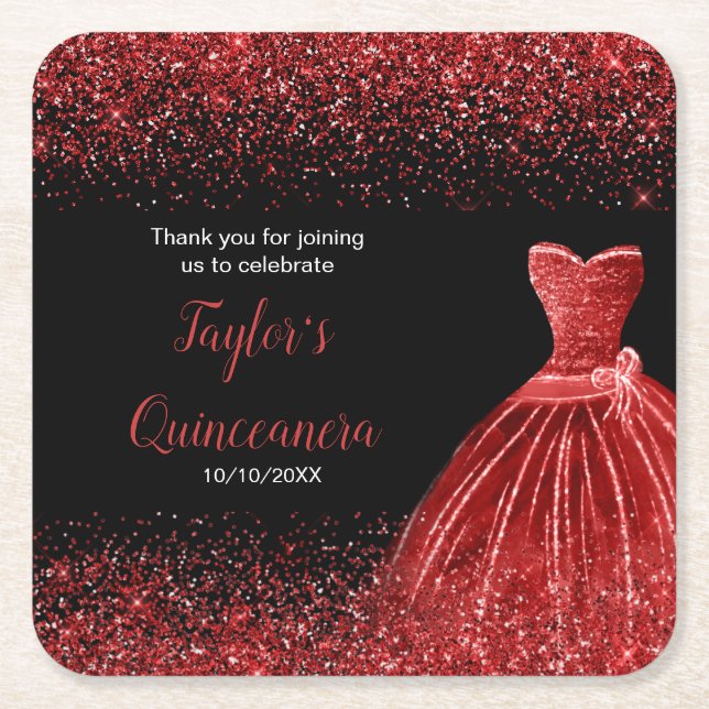 Quinceanera Bright Red Imitats Glitzer Rechteckiger Pappuntersetzer (Vorderseite)