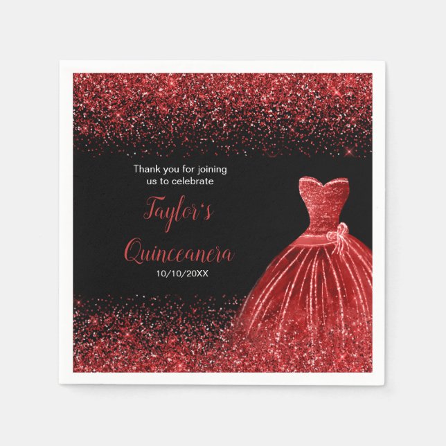 Quinceanera Bright Red Imitats Glitzer Serviette (Vorderseite)