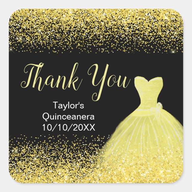 Quinceanera Bright Yellow Dress Imitate Glitzer Quadratischer Aufkleber (Vorderseite)