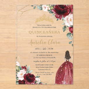 Quinceanera Burgund Blush Floral Gold Prinzessin Acryleinladungen