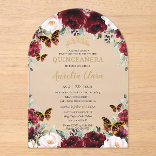 Quinceañera Burgund Blush Floral Gold Schmetterlin Acryleinladungen