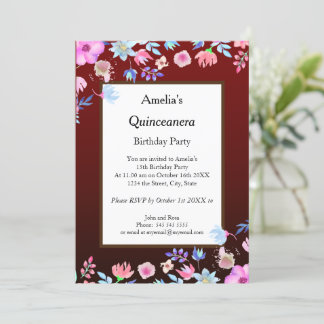 Quinceanera Burgund Geburtstagsparty Blume Einladung