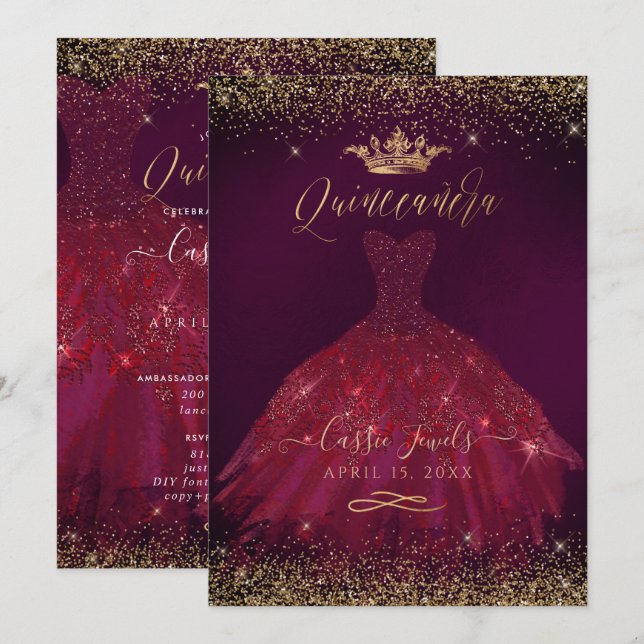 Quinceanera Burgund Gold Glitzer Prinzessin Crown Einladung (Vorne/Hinten)