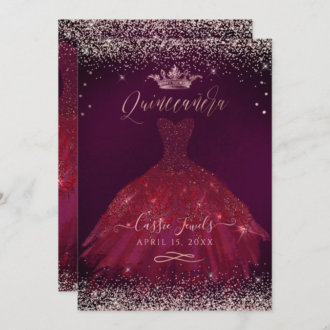 Quinceanera Burgund Rose Gold Confetti+Princess Einladung (Vorne/Hinten)