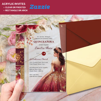 Quinceañera Burgund Rot Gold Quince Kleid Blumen Acryleinladungen