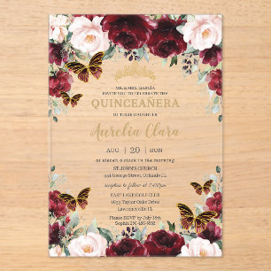 Quinceañera Burgunder-Rosa-Blüten-Gold-Schmetterli Acryleinladungen
