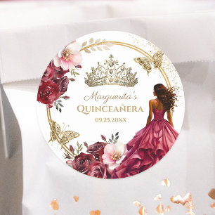 Quinceañera Burgunder-Rosa-Gold-Blumenprinzessin Runder Aufkleber